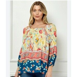 Figueroa And Flower Yellow Floral  Paisley Babydoll Blouse Women's Size Large